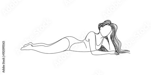 Minimalist line art illustration of a woman in a bikini lying on her side with long hair Vector, illustration