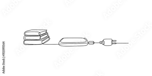 Simple line drawing showing the connection of an electronic device to a power source and stack. Vector, illustration