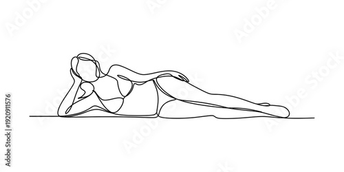 Continuous line drawing of a woman in a bikini lying down on her side in a relaxed pose Vector, illustration