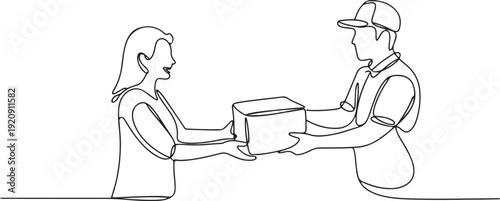 Continuous one single line drawing Woman Receiving Package from Delivery Worker E-commerce and Shipping Service .illustration of a single line drawing
