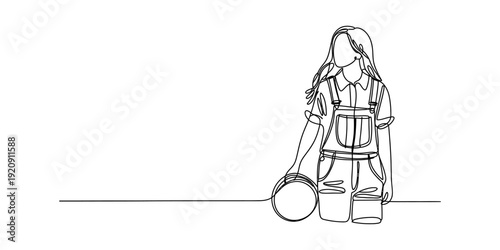 Minimalist continuous line drawing of a young girl in overalls holding a basketball Vector, illustration