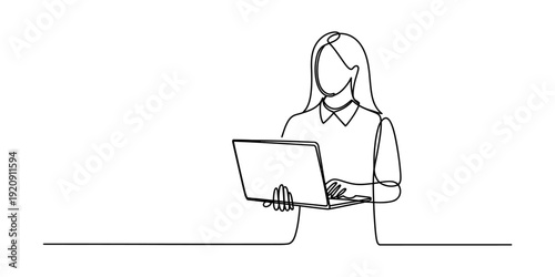 Continuous line drawing of a young woman standing and working on her laptop computer. Vector, illustration