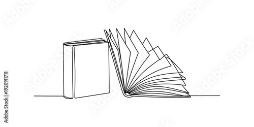 Minimalist continuous line drawing of a closed book and an open book with fanning pages. Vector, illustration
