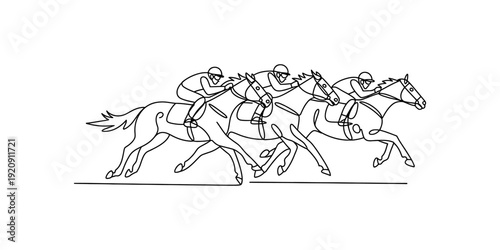 Sketch of three racing horses with jockeys in a competitive sprint on a white background. Vector, illustration