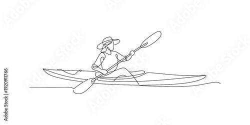 Line drawing of a person wearing a hat and paddling a kayak on the water surface. Vector, illustration