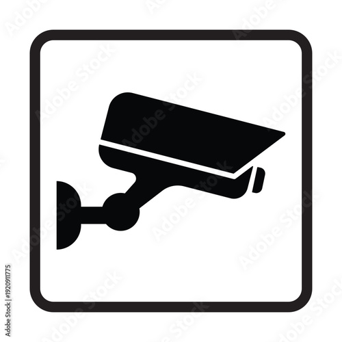 Black And White CCTV Security Camera Vector Icon. Minimalist Surveillance Symbol In Rounded Square Outline. Private Property Video Privacy Protection Flat Graphic. UI App Warning Sign Illustration.