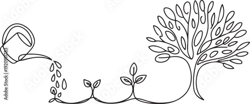 Continuous single line sketch drawing of watering can plant tree seedling growth .illustration of a single line drawing Continuous single line sketch drawing of watering can plant tree seedling growth