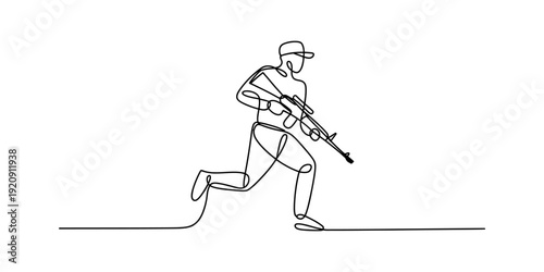 Minimalist single line art of a military personnel running forward with an assault rifle. Vector, illustration