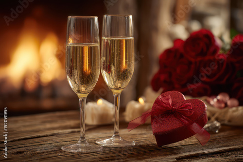 Champagne Glasses with Roses and Gift Box by Fireplace