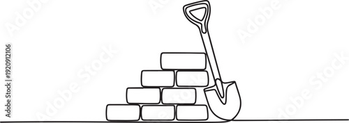 continuous line drawing of bricks and shovels.one line vector drawing of bricks and shovels in the building process. . illustration of a single line drawing