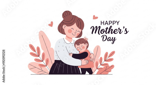 Mother and child hug happy mother's day greeting card illustration
