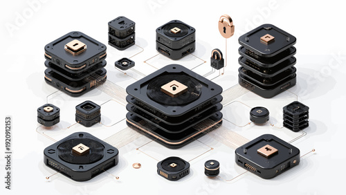 3D rendering of various black computer processor chips and components.
