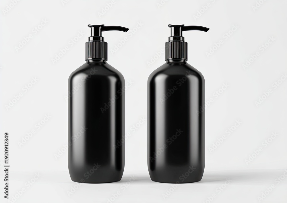 Fototapeta premium Two black, cylindrical pump bottles sit against a white background, side-by-side
