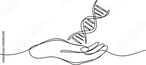 Continuous one line drawing of hand holding DNA. illustration of a single line drawing