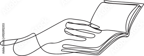 continuous line drawing of a hand holding a book.one line drawing of reading a book for education. illustration of a single line drawing
