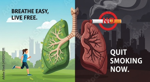Healthy lungs vs smoker lungs with quit smoking message