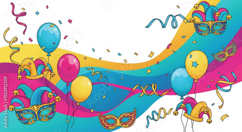 Colorful mardi gras celebration background with balloons and masks