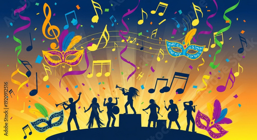 Silhouettes of people dancing and celebrating with colorful music notes and masks