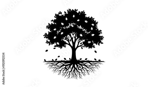 Tree Silhouette with Roots and Fallen Leaves – Black Nature Vector Illustration