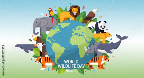 World wildlife day illustration with globe and diverse animals