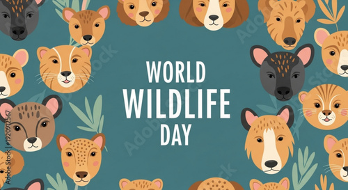 World wildlife day illustration with various animal faces and green background