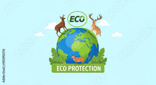 Earth with deer and eco protection logo symbolizing environmental conservation and wildlife preservation