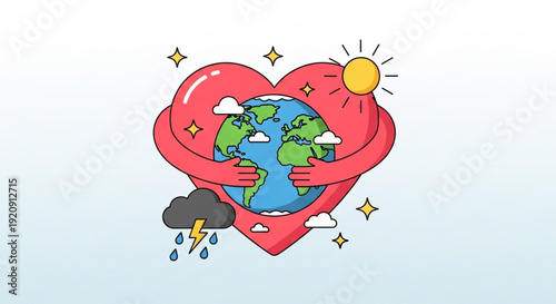 World Meteorological Day  symbolizing global love and care for our planet amidst various weather elements like sun, clouds, and rain