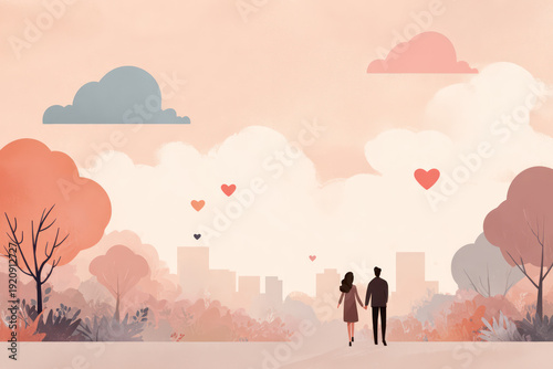 Loving Couple Walking in City Park with Heart Balloons