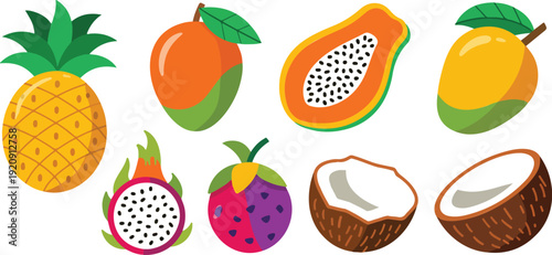 Playful Tropical Fruits Colorful Outline Icon Set