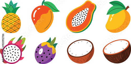 Playful Tropical Fruits Colorful Outline Icon Set