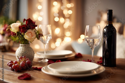 Romantic Dinner Setup with Wine and Roses on Wooden Table