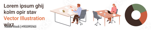 Teamwork, office environment, data presentation, productivity, workplace organization, analytics. Two people collaborating at desks. Teamwork and data presentation concepts illustrated