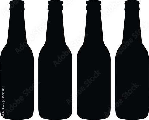 Beer bottle silhouette set, four glass bottles isolated on white background, alcohol beverage packaging vector icon illustration