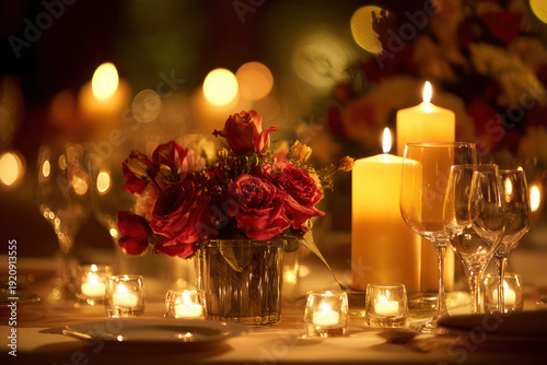 Romantic Dinner Table with Red Roses and Candles