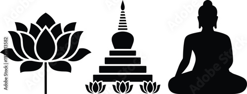 Buddha meditation silhouette with lotus flower and stupa symbols, spiritual Buddhism icon set, black vector illustration isolated on white background