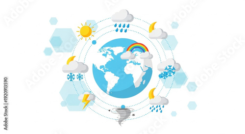 World Meteorological Day Dynamic Global Weather Patterns Illustrated with Earth and Diverse Climate Icons Representing Sun, Clouds, Rain, Snow, Rainbow, and Tornado Forecast Concepts