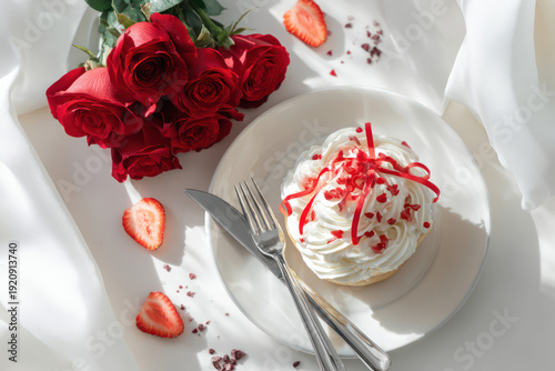 Red Roses Bouquet with Cake and Strawberries on White Tablecloth