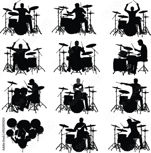 Drummer silhouette set, drum kit performance poses, black musician figures, percussion instrument action collection isolated on white background