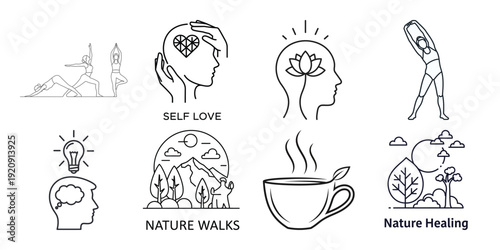 Illustrations depicting various mental and physical relaxation techniques