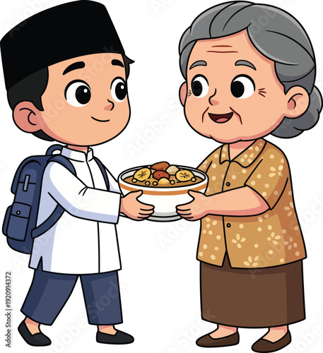 A young boy in traditional islamic attire receives a plate of food from an elderly woman during ramadhan