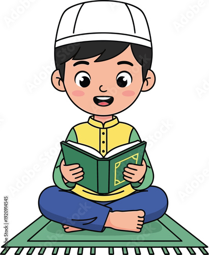A young boy reading Islamic book during Ramadhan on a prayer mat