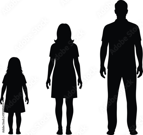Black silhouettes of professional business women in suits and family members including child and parents standing isolated on white background for life stages concept