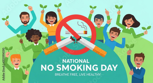 Diverse group celebrating national no smoking day with green leaves and anti smoking sign