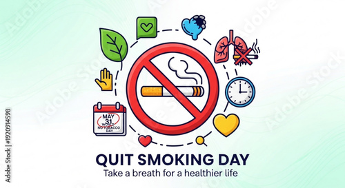Quit smoking day illustration with anti smoking symbols and healthy lifestyle icons