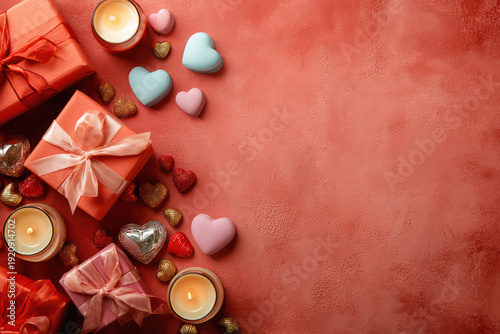 Valentines Day Gifts Candles Hearts on Red Background