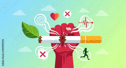 Hand holding cigarette with health symbols and no smoking icons around it