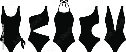 Women swimsuit silhouettes collection one piece bikini fashion swimwear set black vector illustration summer beach clothing design