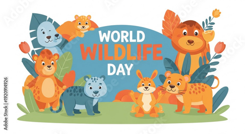 World wildlife day illustration with cartoon animals and plants