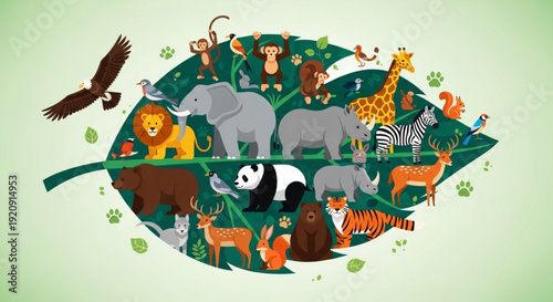 Variety of animals on a leaf wildlife illustration with birds and mammals