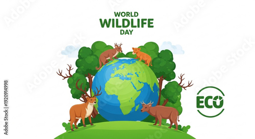 World wildlife day illustration with animals and globe on green hill
